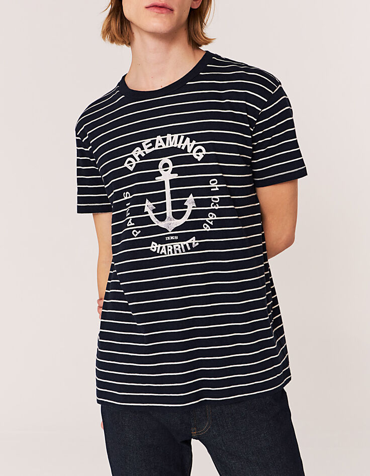 Men’s white-striped navy linen blend T-shirt with anchor-2