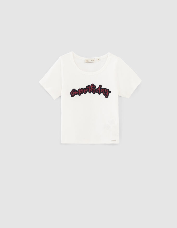 Ecru cropped T-shirt met geborduurde tekst meisjes-1