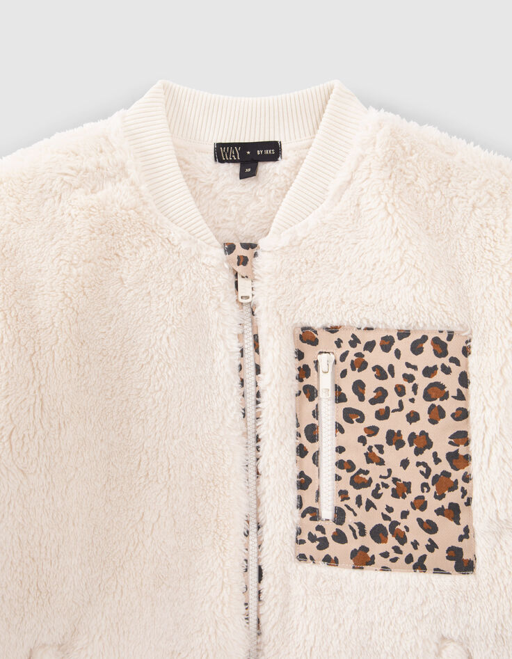 Girls’ ecru plush cardigan with leopard motif details-2