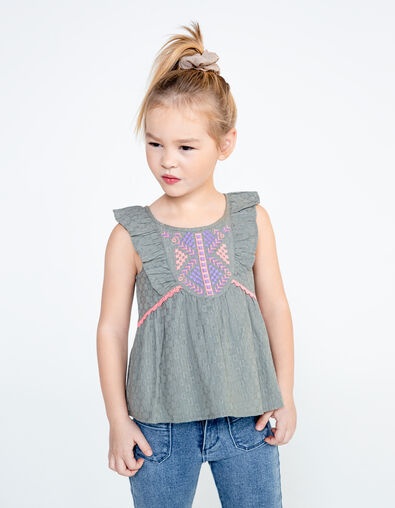 Girls’ khaki jacquard fabric top with neon embroidery - IKKS