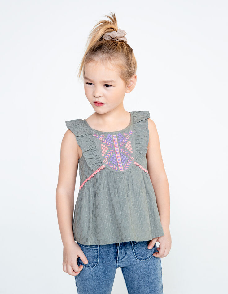 Girls’ khaki jacquard fabric top with neon embroidery-1