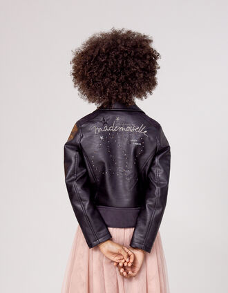 Girl's black biker jacket with studded embroidered back