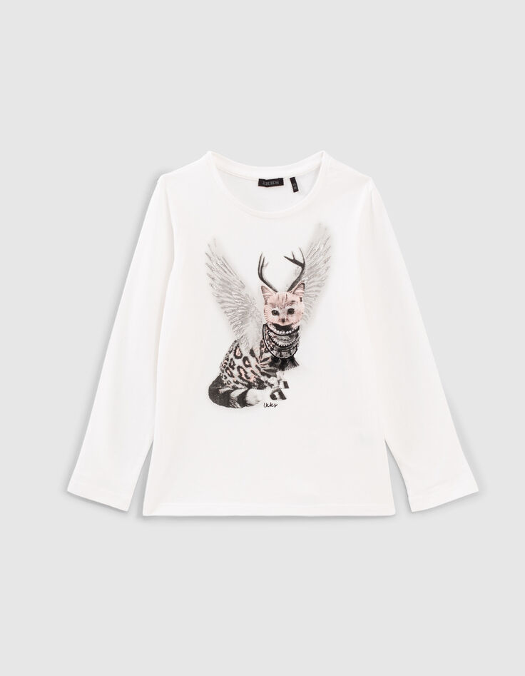 Girls' off-white winged leopard-cat image T-shirt-1