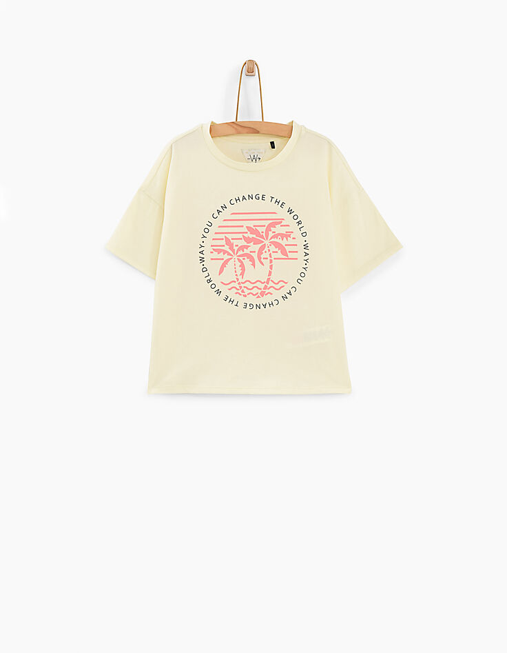 Girls’ pastel yellow T-shirt, neon pink palms-2