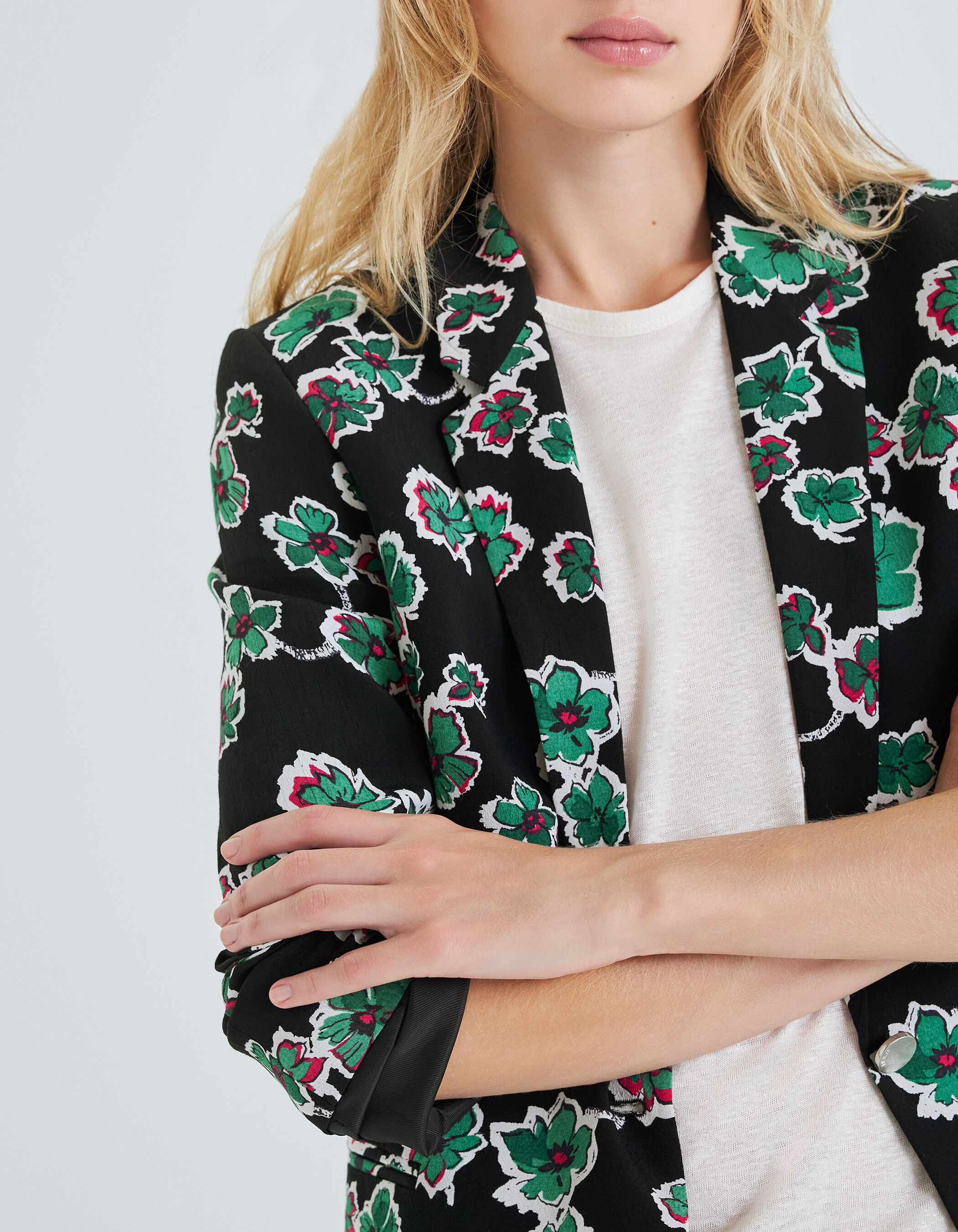 Women's black suit jacket with green flowers print