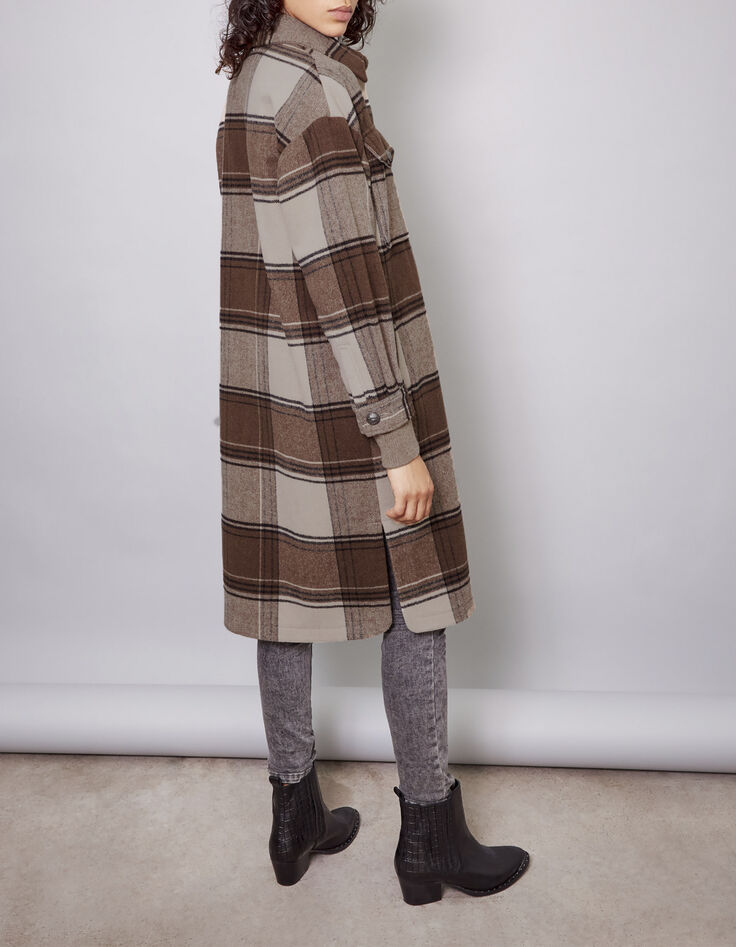 Women’s beige and black check overshirt-style long coat-1