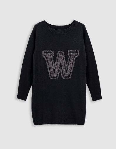 Girls’ black knit sweater-dress with lurex letter - IKKS