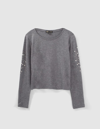 Girls’ grey lurex T-shirt with metal decor on sleeves - IKKS