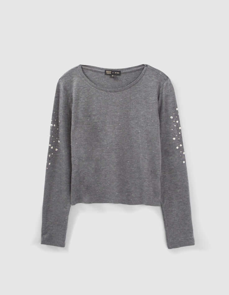 Girls’ grey lurex T-shirt with metal decor on sleeves-1