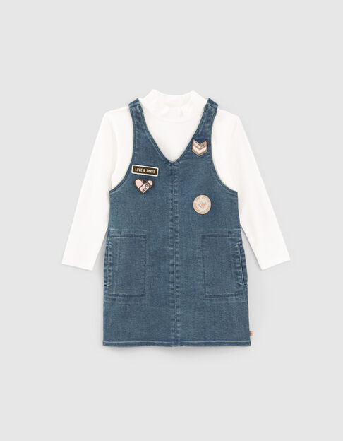 Vestido 2 en 1 vaquero azul camiseta cuello bordado niña - IKKS