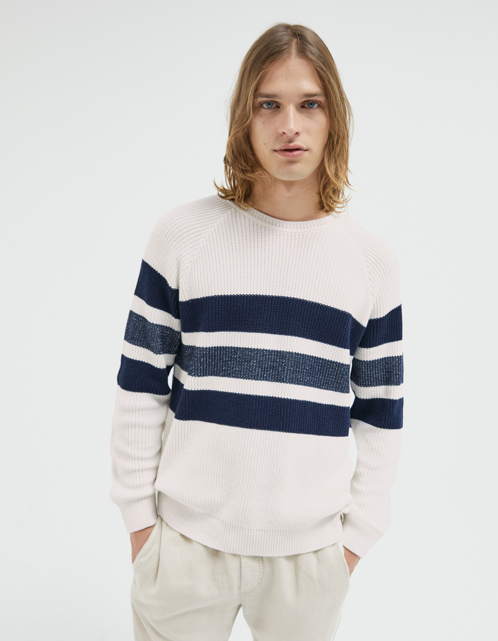 公式通販サイトです NKNIT striped sponge knit OFF WHITE/NAVY