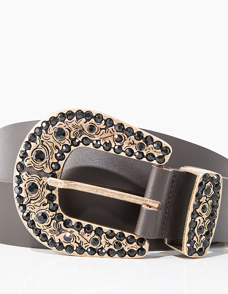 Ceinture jean en cuir chocolat boucle western bijoux femme-3