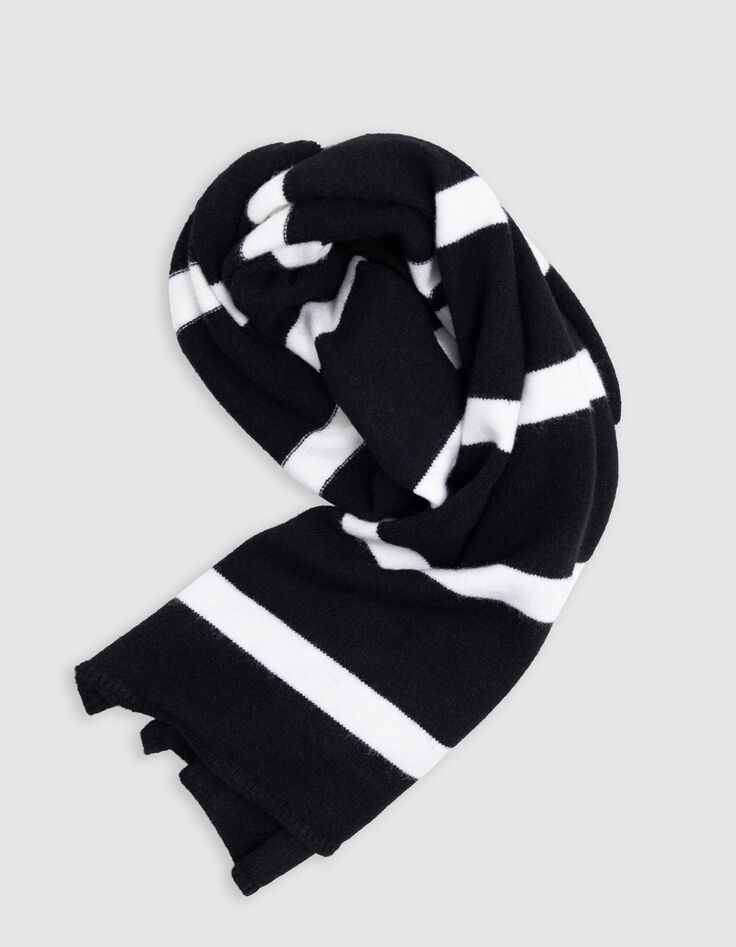 Girl's black knit scarf with white stripes-4