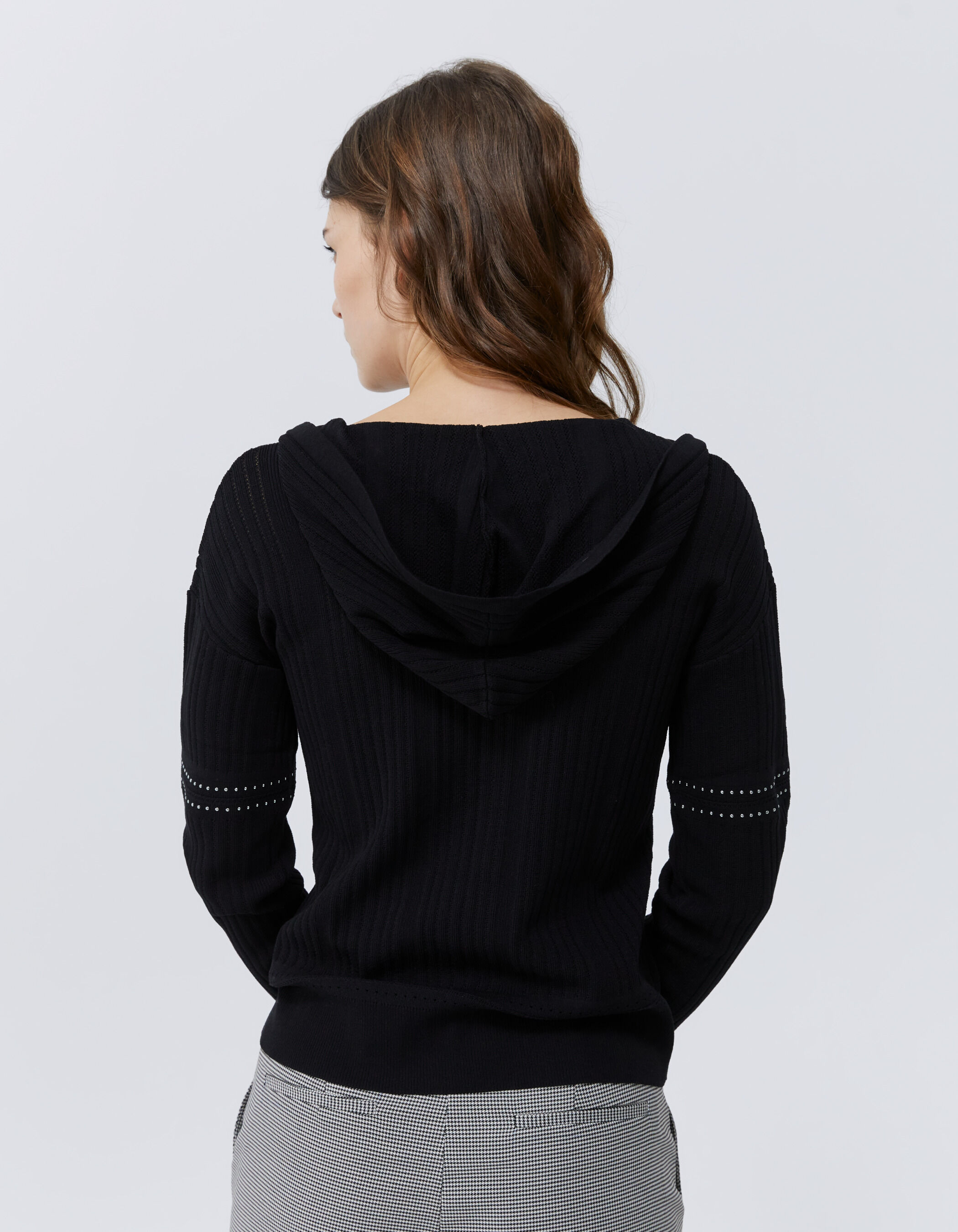 Women's black knit studded ribbed knit cardigan