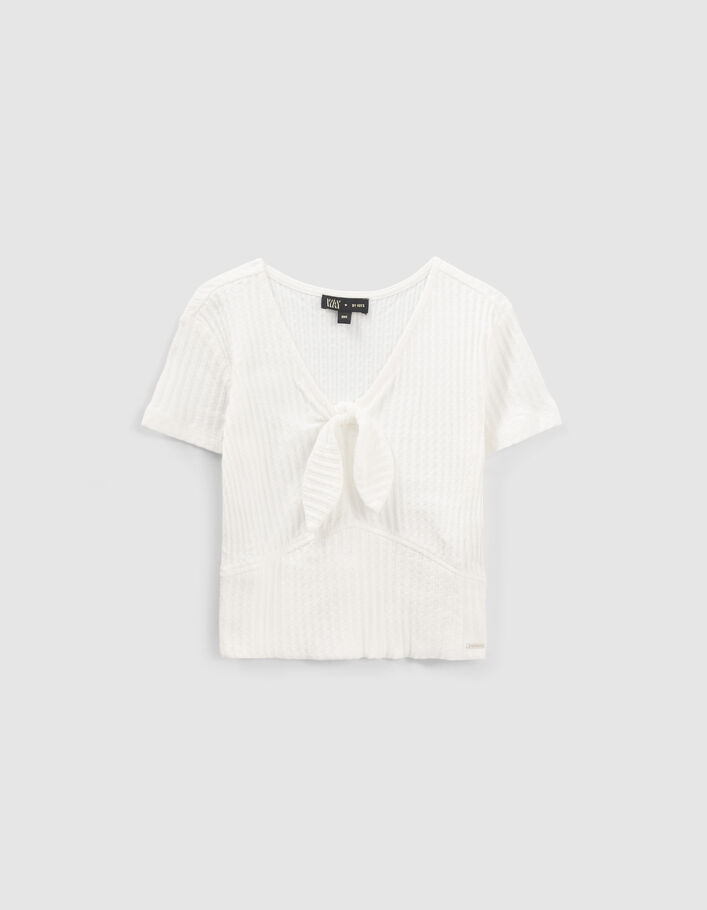 Girls’ ecru ribbed cropped T-shirt with bow