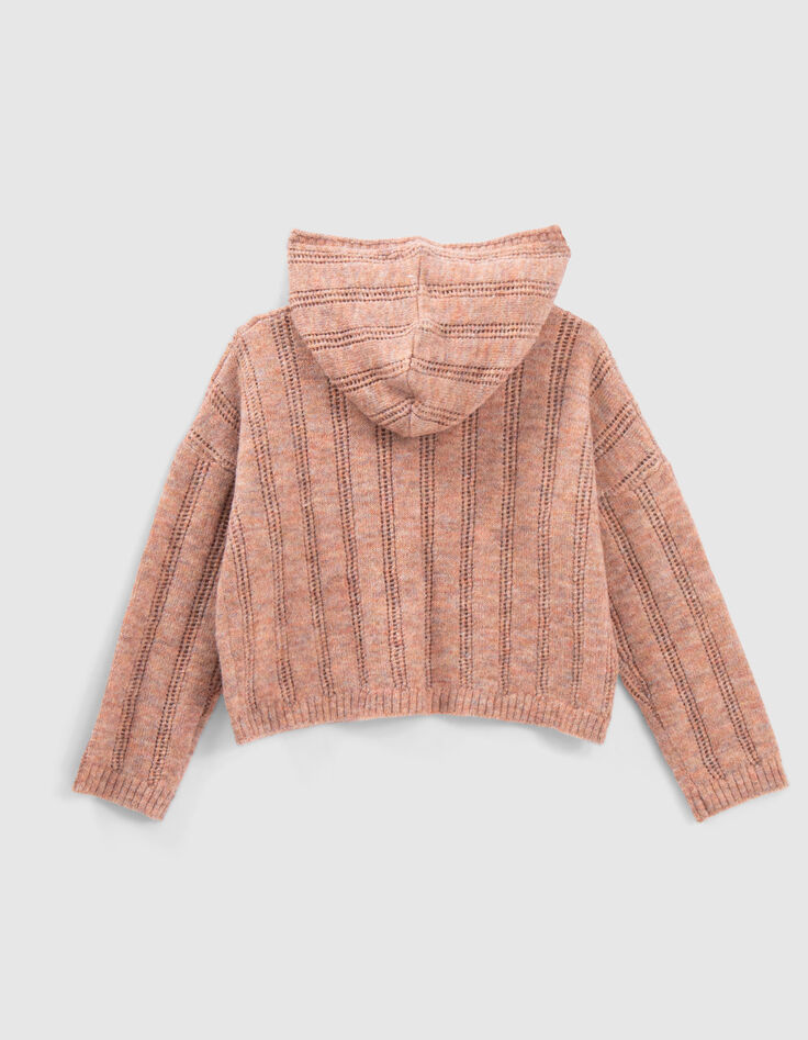 Pull bois de rose tricot ajouré à capuche fille-3