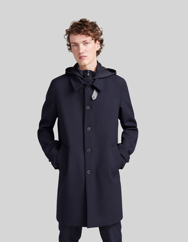 Men’s navy trench coat with detachable hood facing-8