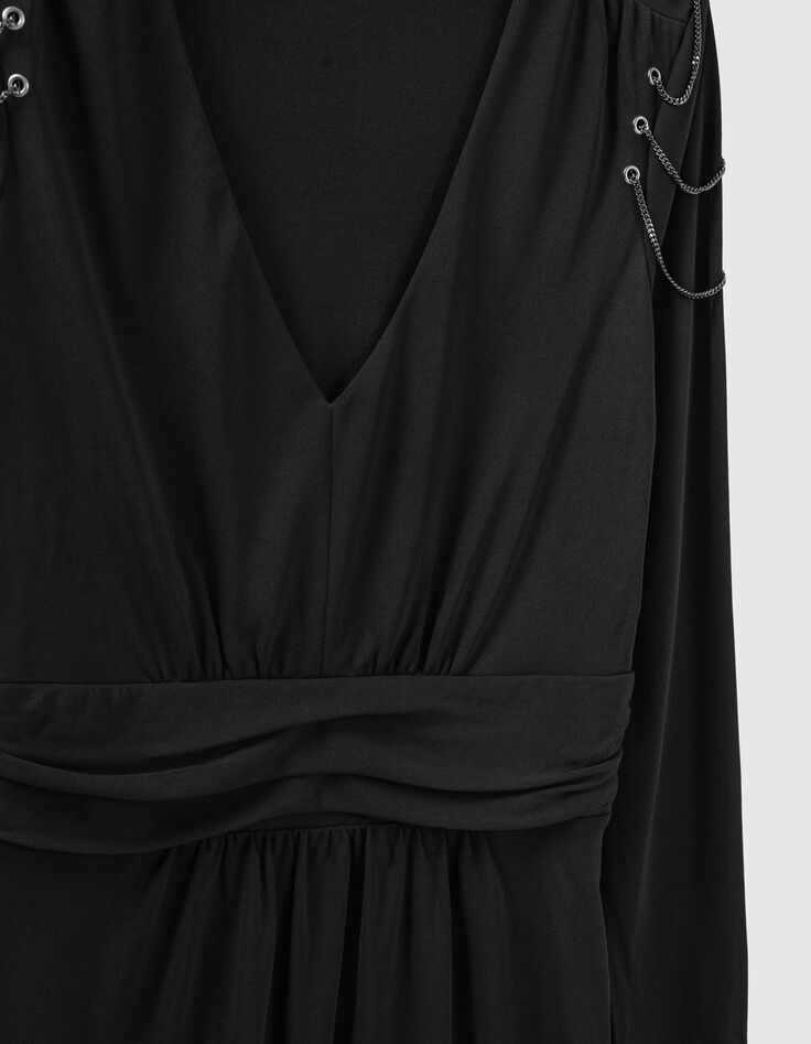 Robe courte noire encolure V ceintrée femme-3