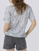 Jeansblauw T-shirt in linnen tricot bandanaprint Dames-3