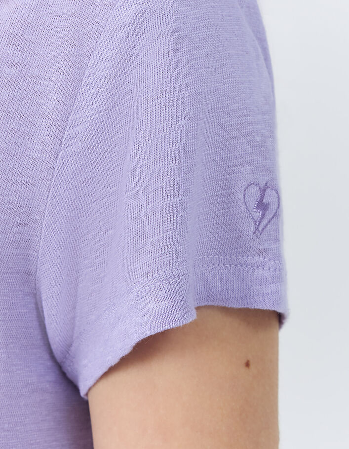 Women\'s lilac embroidery T-shirt, linen heart/lightning