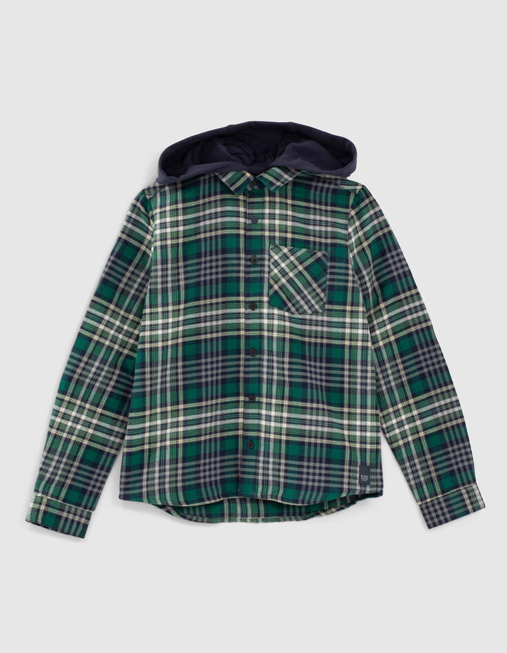 Boys’ racing green and navy check hooded shirt-1