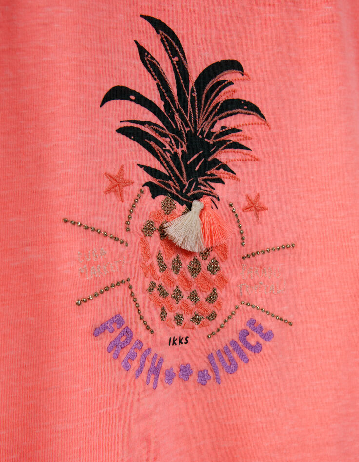 Camiseta rosa fluo piña bordada niña-7