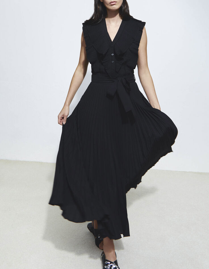 Vestido largo negro maxi cuello plisado Pure Edition mujer-5