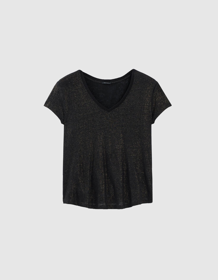 Tee-shirt col V noir en lin foil femme-5