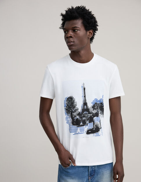 Herren-T-Shirt weiß Biowolle Motiv Eiffelturm Arty - IKKS