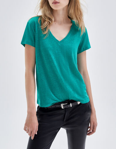 Women’s mint embroidered linen knit T-shirt - IKKS