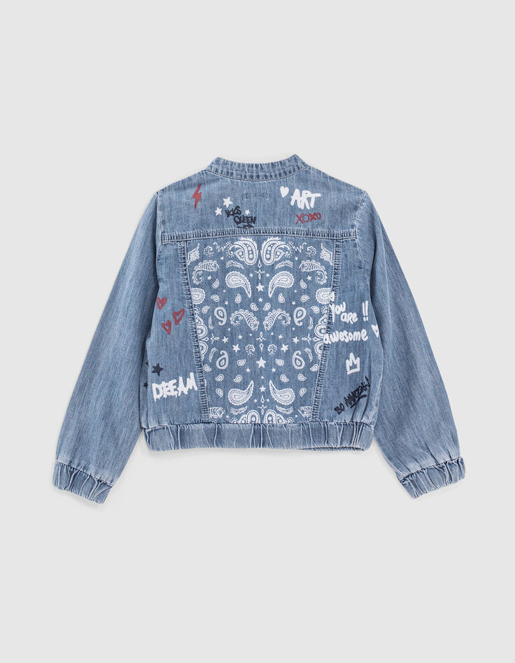 Girls’ light blue denim bomber jacket with print on back-3