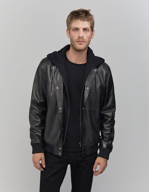 Men’s black leather bomber jacket with detachable facing - IKKS