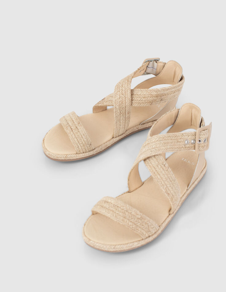 Platte sandalen in naturel raffia gesp enkel dames-1