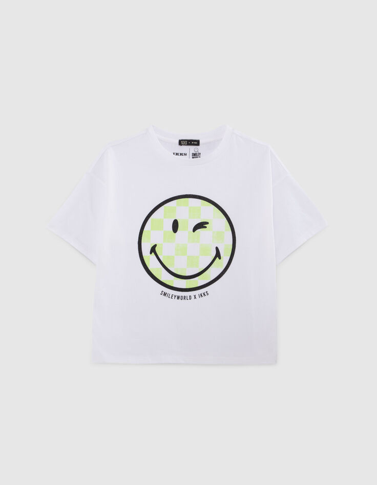 Girls’ white T-shirt with green SMILEYWORLD checkerboard image-1
