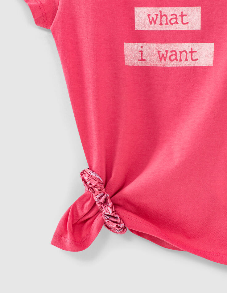 Fuchsia T-shirt biokatoen met tekst met scrunchie meisjes-2