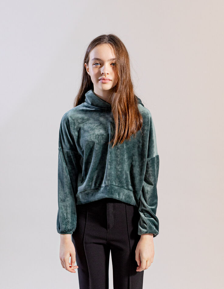 Girl's green velvet knit hoodie-2