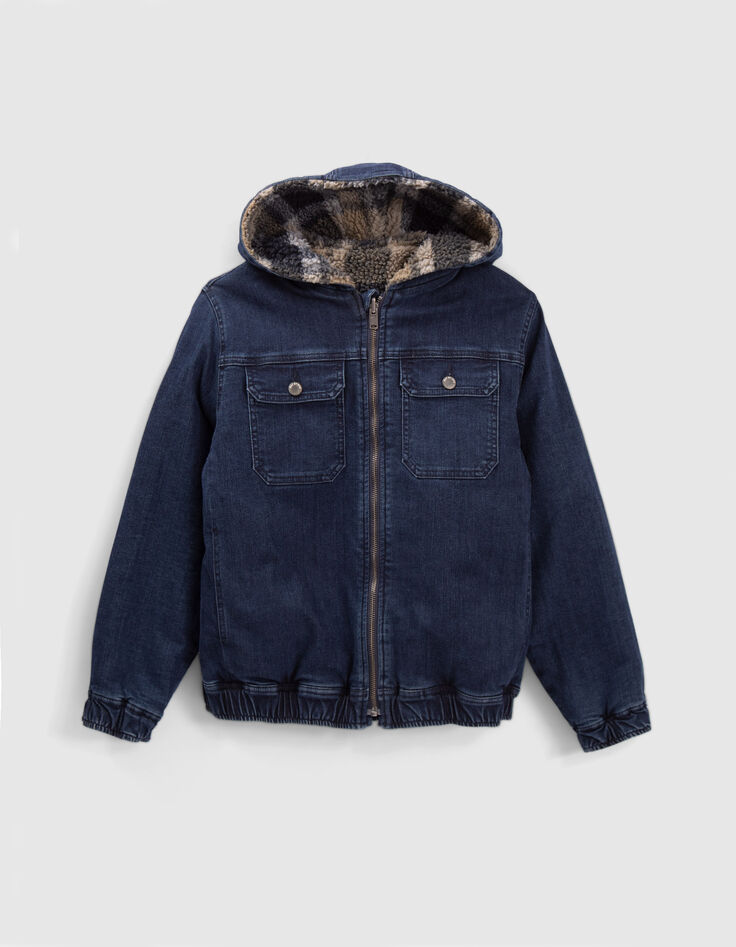 Jungenwendejacke aus Jeansstoff und kariertem Sherpafleece-3