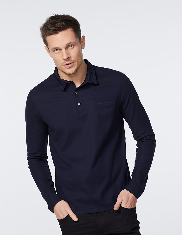 Marineblaues Herrenpoloshirt mit langen Ärmeln-2