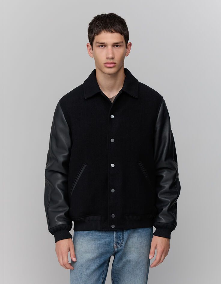 Blouson teddy noir cuir chrome free bi-matière Homme-5