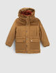 Boys’ camel nylon and corduroy fur-lined parka-1