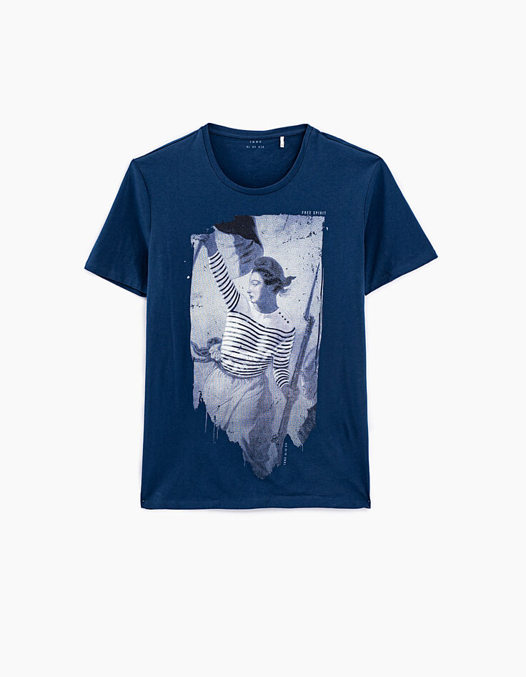 Tee-shirt indigo visuel Marianne en marinière Homme-1