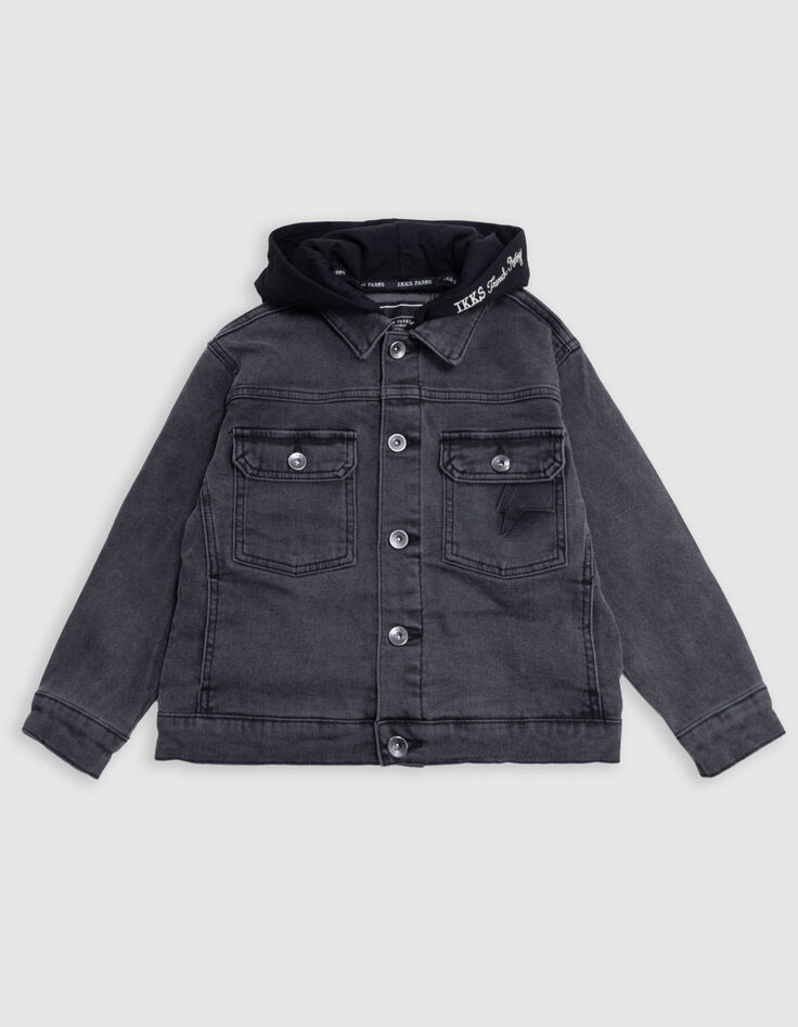 Boy's washed gray denim jacket with removable hood-3