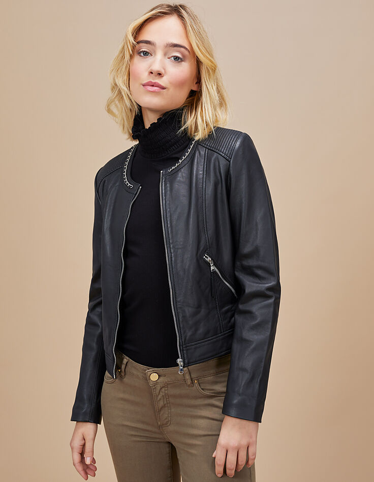 I.Code black leather jacket with chain on collar-3