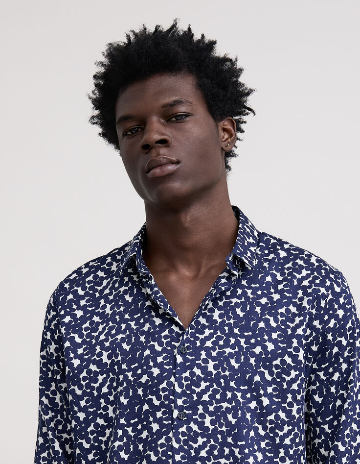 Camisa de hombre SLIM con estampado de lunares en azul marino-2