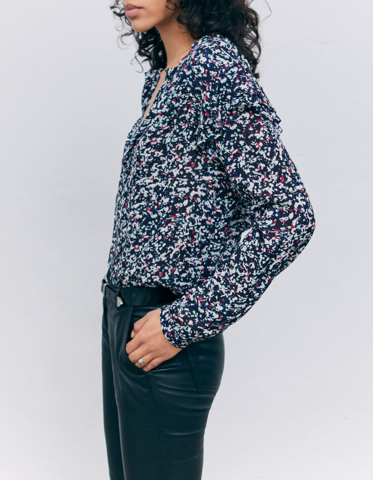 Blouse marine imprimé tachiste avec volants épaules femme-3