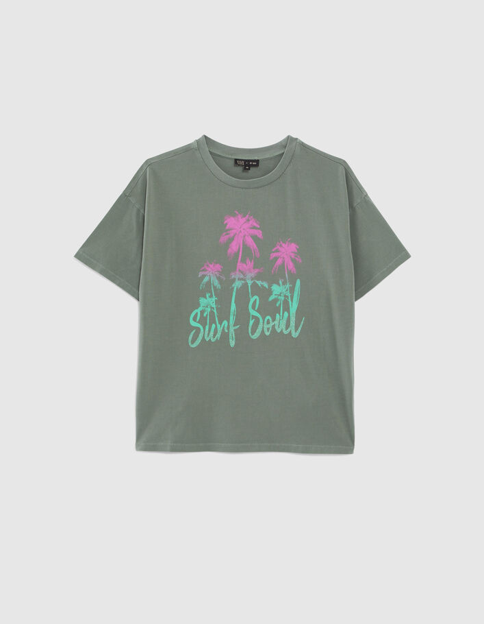 Girls’ khaki T-shirt with glitter and palm tree images