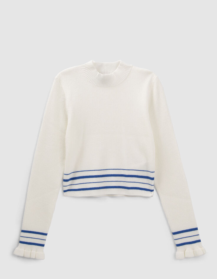 Girls’ white knit sweater with blue stripes-1