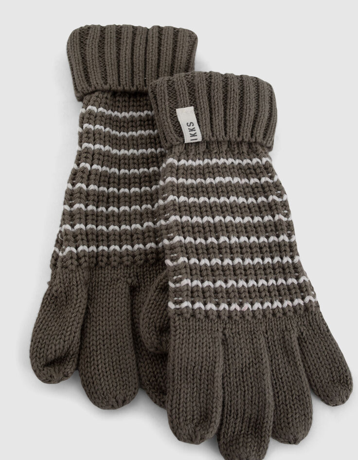 Boys’ khaki knit gloves with white stripes-3