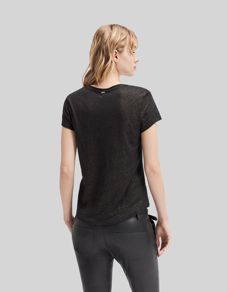 Camiseta cuello de pico negra de lino foil mujer-3