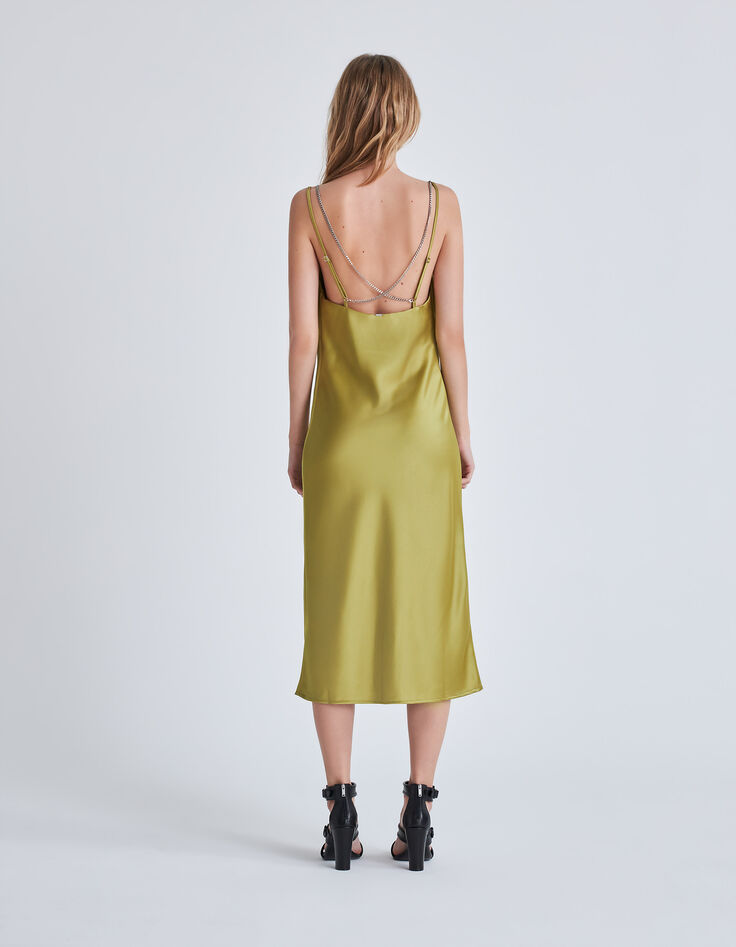 Women’s green satin strappy long dress-4